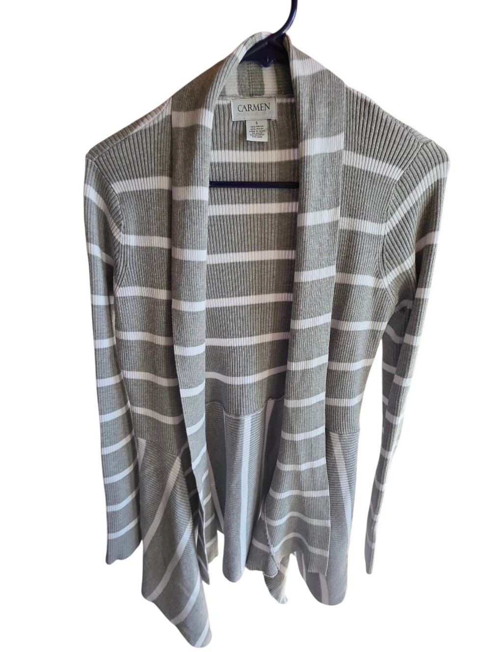 Carmen Marc Gray & White Striped Open Front Cardigan